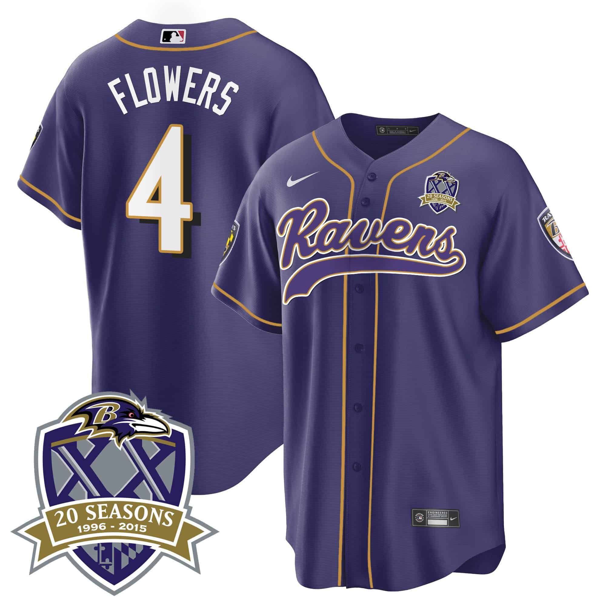 Men Baltimore Ravens #4 Flowers Purple 2024 Nike 20th Season Patch Baseball NFL Jersey style 1